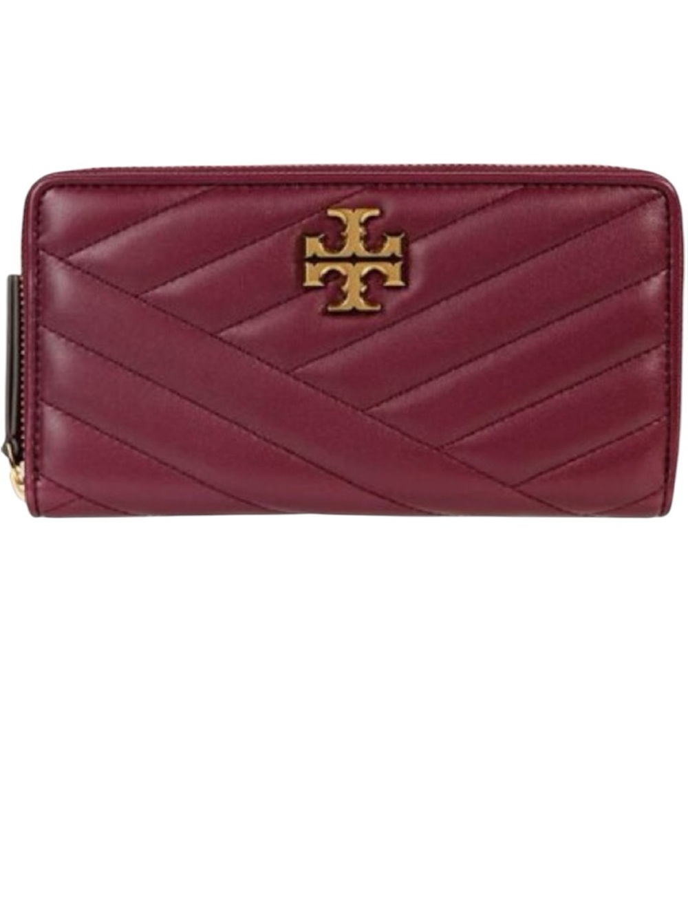 Tory Burch Leather Kira Maroon Quilted Gold Hardware Leather Zip Wallet